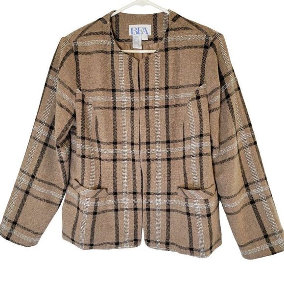 BEA Classics Wool Blend Open Blazer Womens 12 Vintage Neutral Plaid Fully Lined - Picture 2 of 11